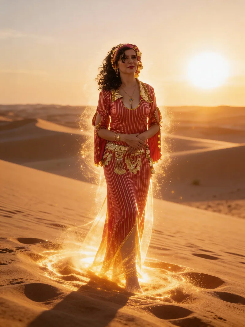 Traditionelles Kleid auf den Sandduenen bei goldenem Licht
